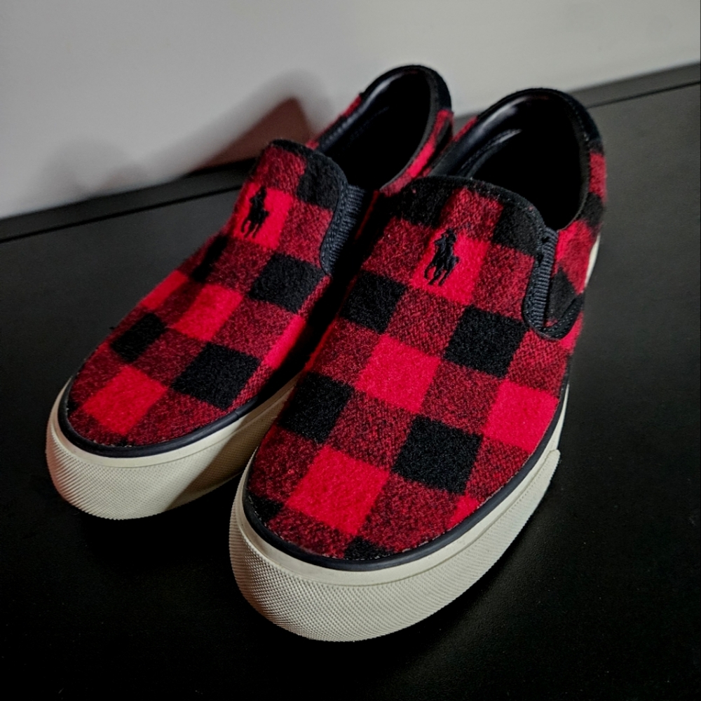 Ralph Lauren Thompson Size 7.5D Plaid Red Black Check Suede Flat Shoe Mens